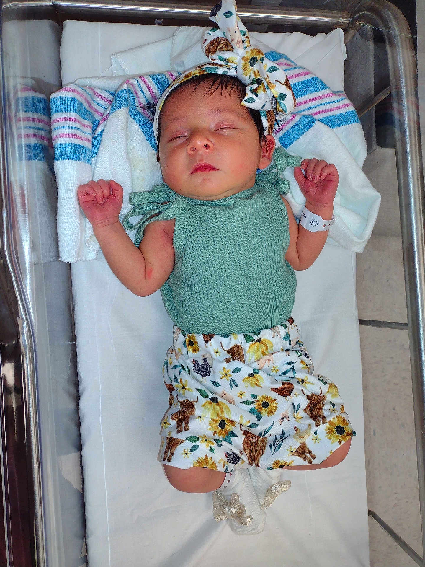 Wrenley is registered to the contest to win money with this photo: newborn, baby, sleeping, hospital_bassinet, headband, green_top, floral_shorts, socks, blanket, infant, person, cute, sleep, lying_down, baby_clothes, indoor, hospital, newborn_baby, child, peaceful