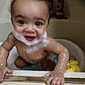 baby, bath, foam, soap, water, child, tub, skin, wet, hands, face, smile, bathroom, cute, playful, bubble_beard, arm, toy, yellow, person