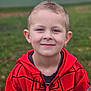 boy, casual, casual_wear, child, childhood, cute, daylight, face, fashion, grass, happy, hoodie, nature, outdoor, person, portrait, red_clothing, smile, spiderman, young