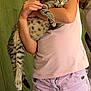 child, cat, tabby_cat, pet, indoor, holding, clothing, pink_shorts, pink_shirt, feline, spotted_fur, striped_fur, domestic_animal, young, arms, face_partially_visible, green_background, home, comfort, affection