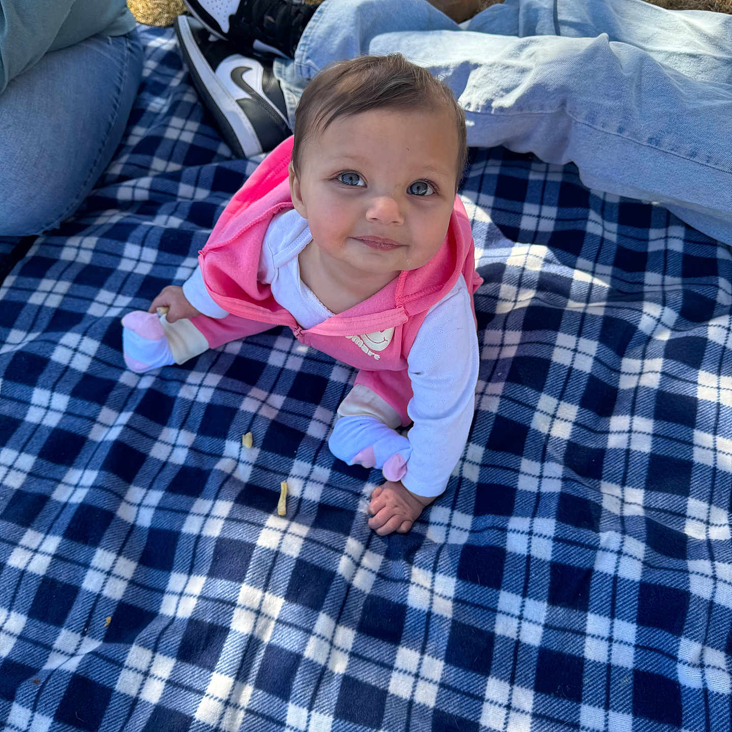 Willow is registered to the contest to win money with this photo: baby, bed, blanket, clothing, crawling, cushion, face, footwear, fun, furniture, head, homedecor, jeans, linen, pants, person, photography, portrait, quilt, shoe
