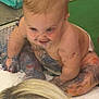 adult, arms, baby, child, colorful, crawling, diaper, face, floor, fun, hair, hands, indoor, messy, paint, person, playful, skin, smiling, tattoo