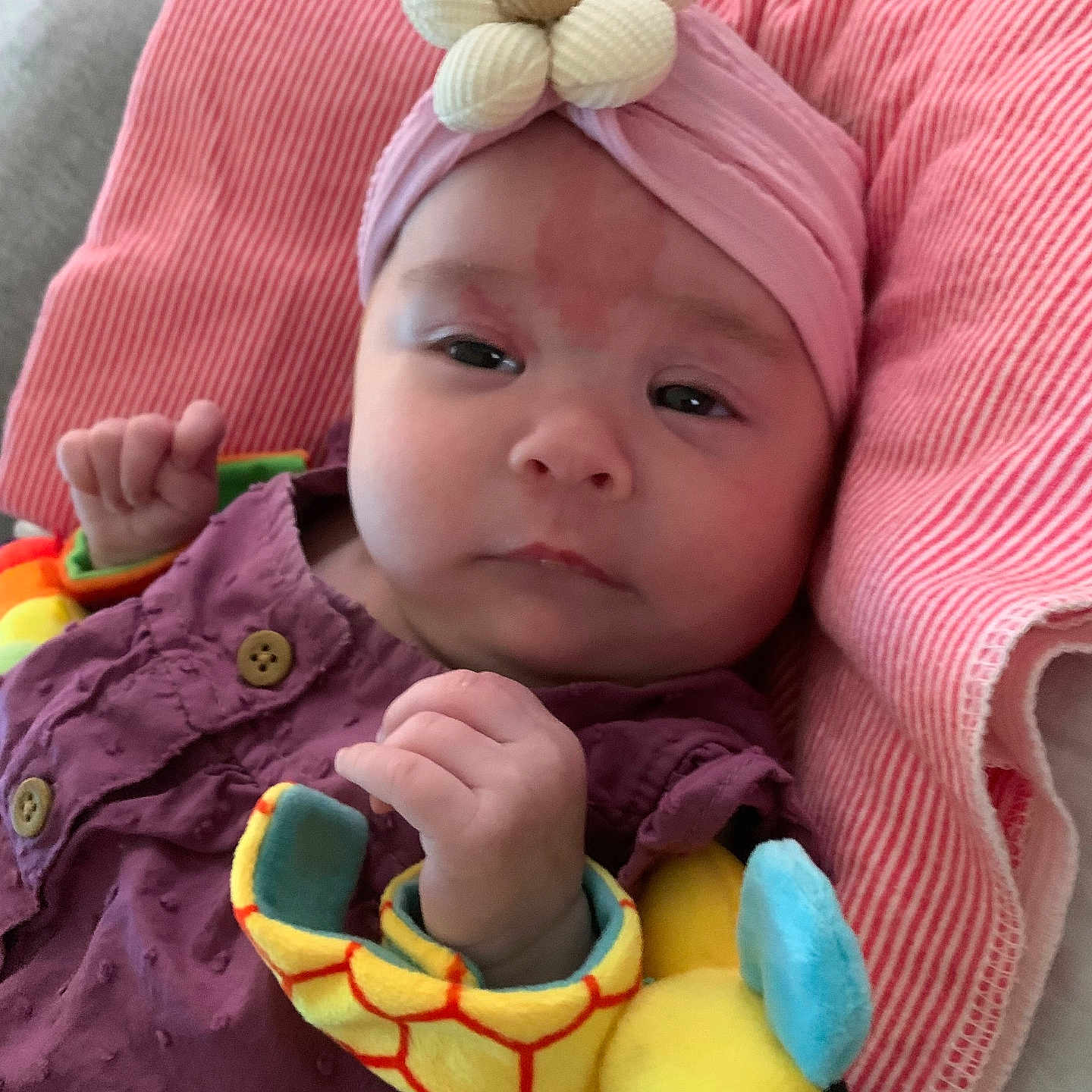 Shirley Mae is registered to the contest to win money with this photo: baby, blanket, bodypart, bonnet, cap, clothing, couch, cushion, face, finger, furniture, hand, hat, head, homedecor, newborn, person, photography, portrait, quilt