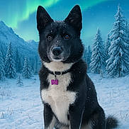 Valka participe au concours pour gagner de l'argent avec cette photo : dog, black_and_white, snow, winter, forest, northern_lights, aurora_borealis, snowflakes, outdoor, nature, animal, canine, cold, landscape, trees, mountains, fur, collar, tag, sitting