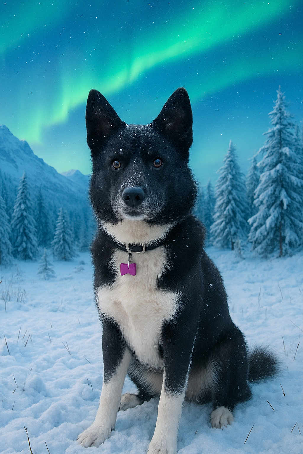 Valka participe au concours pour gagner de l'argent avec cette photo : dog, black_and_white, snow, winter, forest, northern_lights, aurora_borealis, snowflakes, outdoor, nature, animal, canine, cold, landscape, trees, mountains, fur, collar, tag, sitting