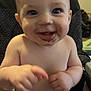 Zane joined the competition — help win amazing prizes! baby, child, high_chair, smiling, chocolate, face, hands, seatbelt, indoor, cute, happy, infant, skin, expression, person, young, sitting, playful, closeup, portrait