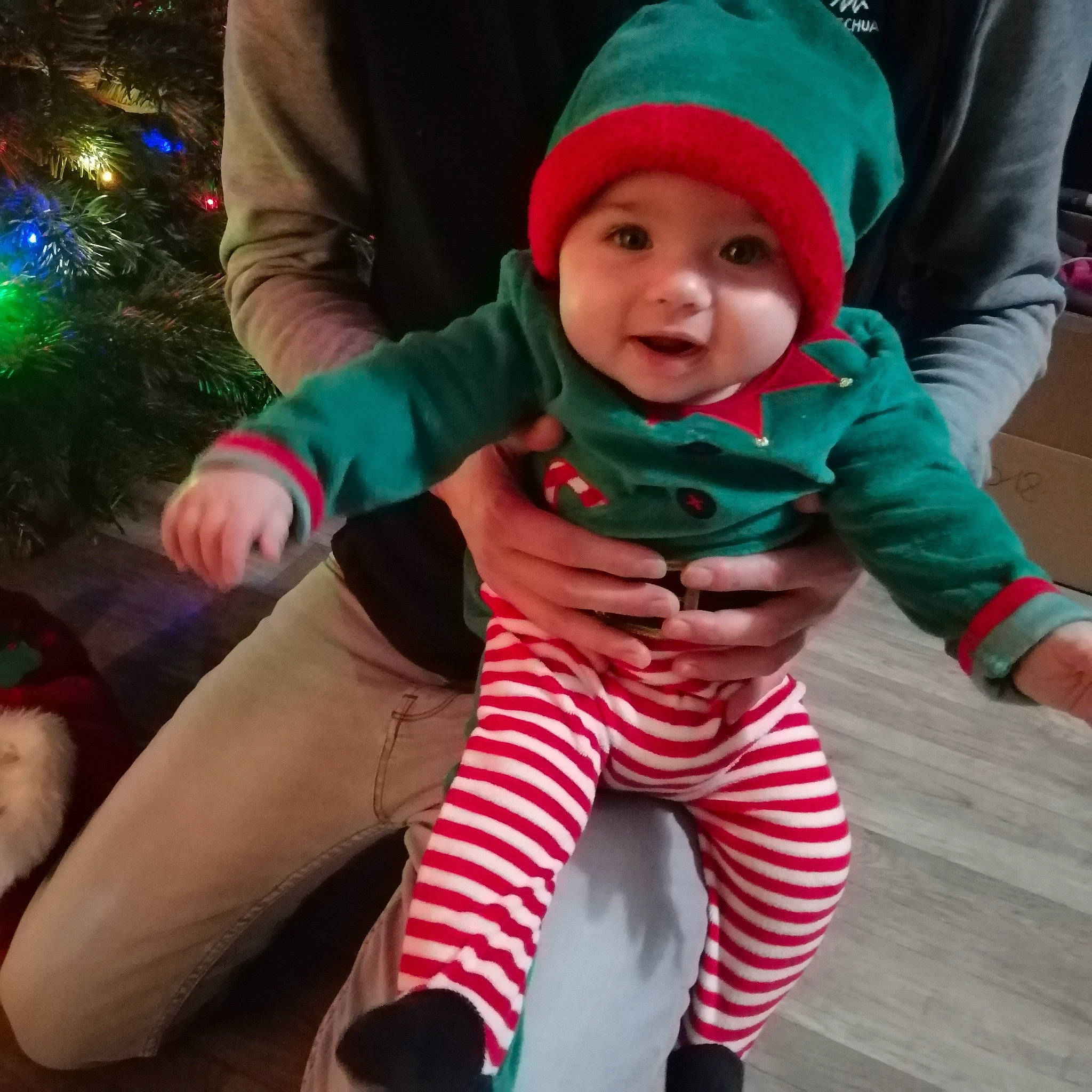 Juline a rejoint le concours — aidez-le/la à gagner de superbes lots ! baby, baby_toddler_clothing, cap, child, christmas, christmas_ornament, cool, facial_expression, fun, green, happy, head, headwear, human_body, lap, outerwear, person, plant, sleeve, smile