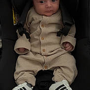 Kayden participe au concours pour gagner de l'argent avec cette photo : baby, infant, car_seat, clothing, sneakers, footwear, person, child, cute, indoor, seatbelt, stripes, small_hands, wide_eyes, knitted_outfit, buttoned, black, beige, portrait, seated