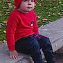 autumn_leaves, black_pants, black_shoes, casual_clothing, child, curious, cute, daylight, fall, grass, nature, outdoor, park, portrait, red_hat, red_sweater, sitting, stone_bench, toddler, young_child