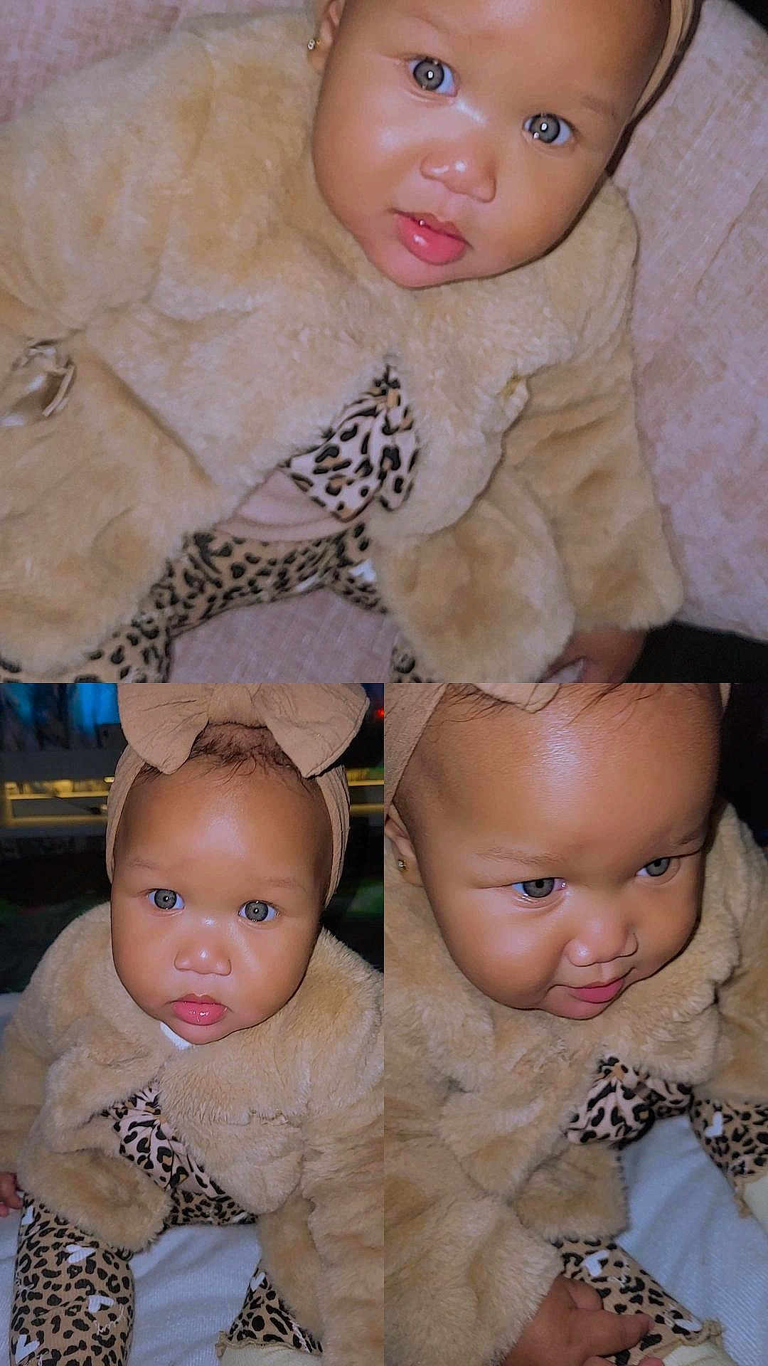 Janiyah is registered to the contest to win money with this photo: child, toddler, baby, fur_coat, leopard_print, headband, bow, cute, portrait, closeup, indoor, fashion, clothing, person, face, eyes, skin, expression, sitting, adorable