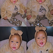 Janiyah joined the competition — help win amazing prizes! baby, child, infant, fuzzy_jacket, leopard_print, headband, bow, sitting, chair, cute, smiling, portrait, indoor, clothing, fashion, happy, person, young_child, four_panel, collage