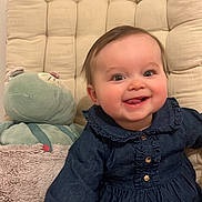 Alix participe au concours pour gagner de l'argent avec cette photo : baby, infant, smile, blue_dress, buttons, plush_toy, stuffed_animal, cushion, chair, hand, rosy_cheeks, bright_eyes, hair, indoor, portrait, seated, cozy_blanket, happy, cute, close_up