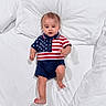 baby, bed, child, clothing, cute, feet, happy, head, indoors, infant, pajamas, patriotic, person, portrait, skin, sleepwear, smiling, stars, stripes, white_bed