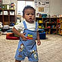boots, carpet, child, clock, colorful, curly_hair, cute, expression, indoor, overalls, person, playroom, shelves, standing, toddler, toy_story, toys, wall_posters, white_shirt, young_child