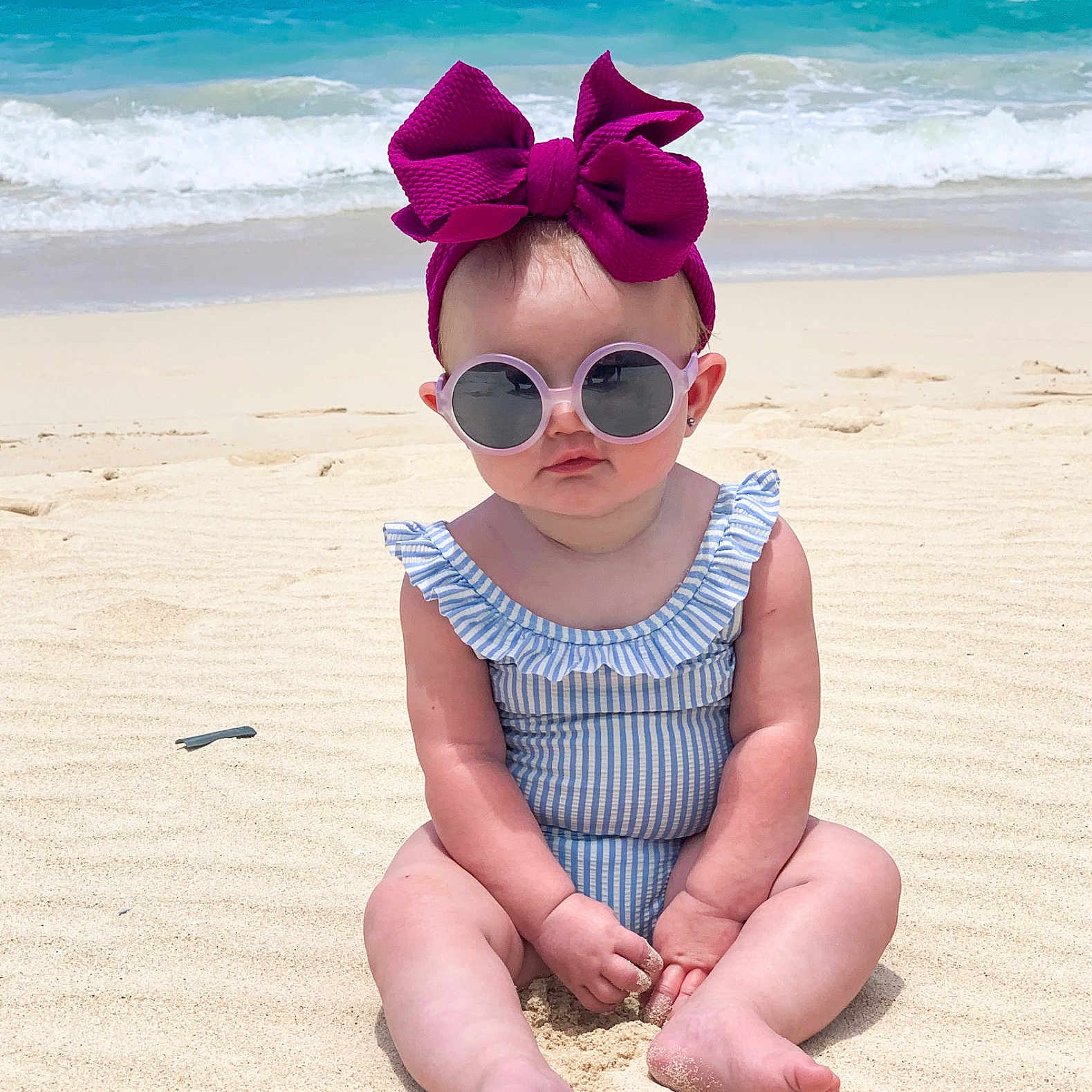 Gracie Mae joined the competition — help win amazing prizes! beach, child, cool, design, eyewear, fashion_accessory, fun, glasses, goggles, headgear, pattern, personal_protective_equipment, pink, sand, sea, smile, summer, sunglasses, toddler, vacation