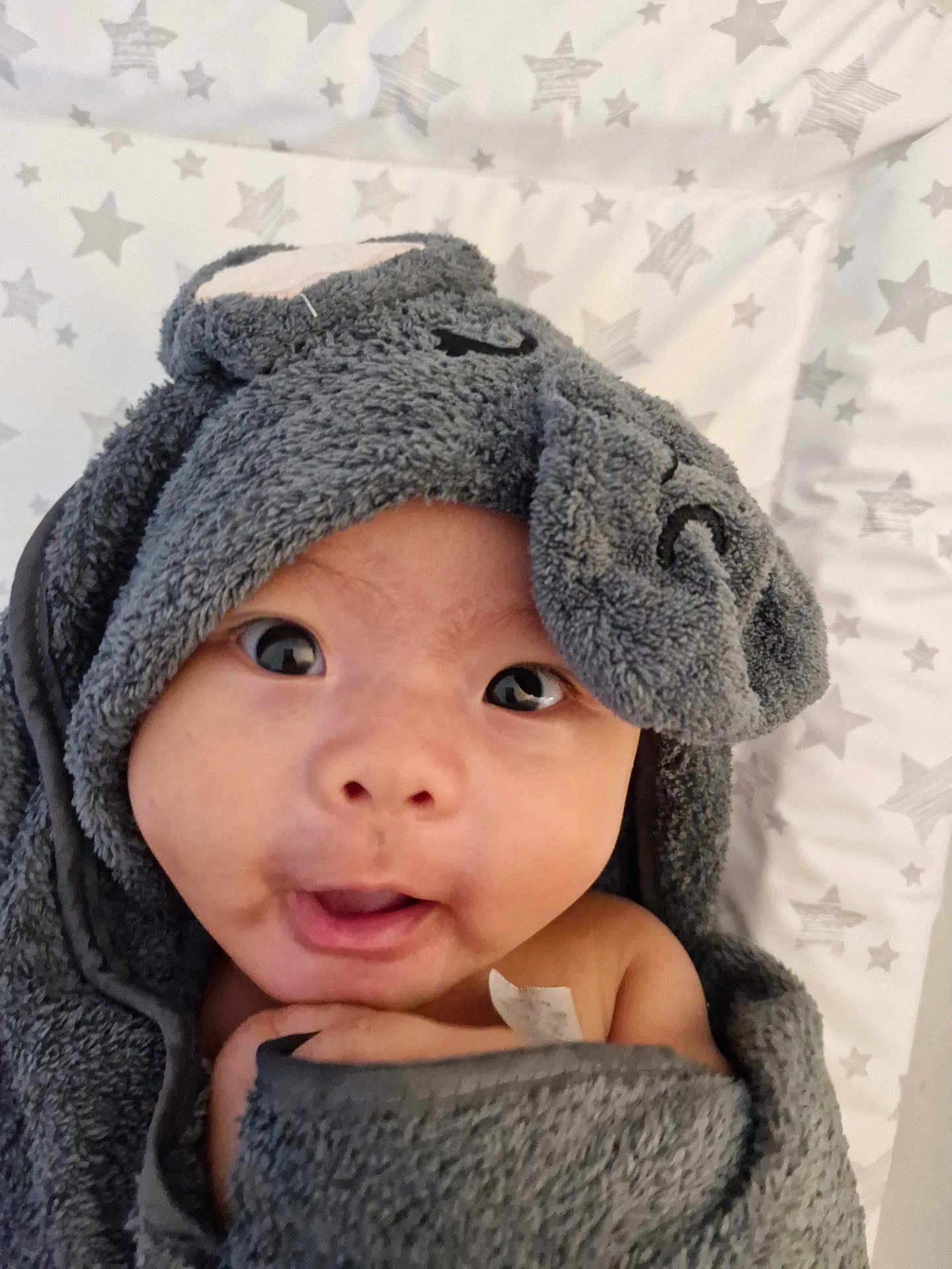 Ezra joined the competition — help win amazing prizes! baby, infant, towel, hooded_towel, gray, face, eyes, mouth, blanket, stars, pattern, cute, child, young, expression, skin, wrapped, indoors, soft, closeup