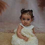 Laya participe au concours pour gagner de l'argent avec cette photo : baby, child, girl, dress, frilly, curly_hair, sitting, barefoot, carpet, portrait, cute, indoor, soft_lighting, expression, curious, small_ears, earrings, background, decor, young