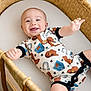 baby, infant, smiling, basket, bassinet, cowboy_outfit, onesie, happy, cute, reaching_out, woven_furniture, indoor, child, portrait, clothing, newborn, playful, skin, face, cute_expression
