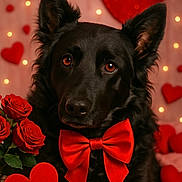 Mila a rejoint le concours — aidez-le/la à gagner de superbes lots ! dog, black_dog, bow_tie, red_bow_tie, roses, red_roses, hearts, red_hearts, valentines_day, romantic, pet, animal, portrait, cute, furry, ears, brown_eyes, soft_lighting, decorations, love
