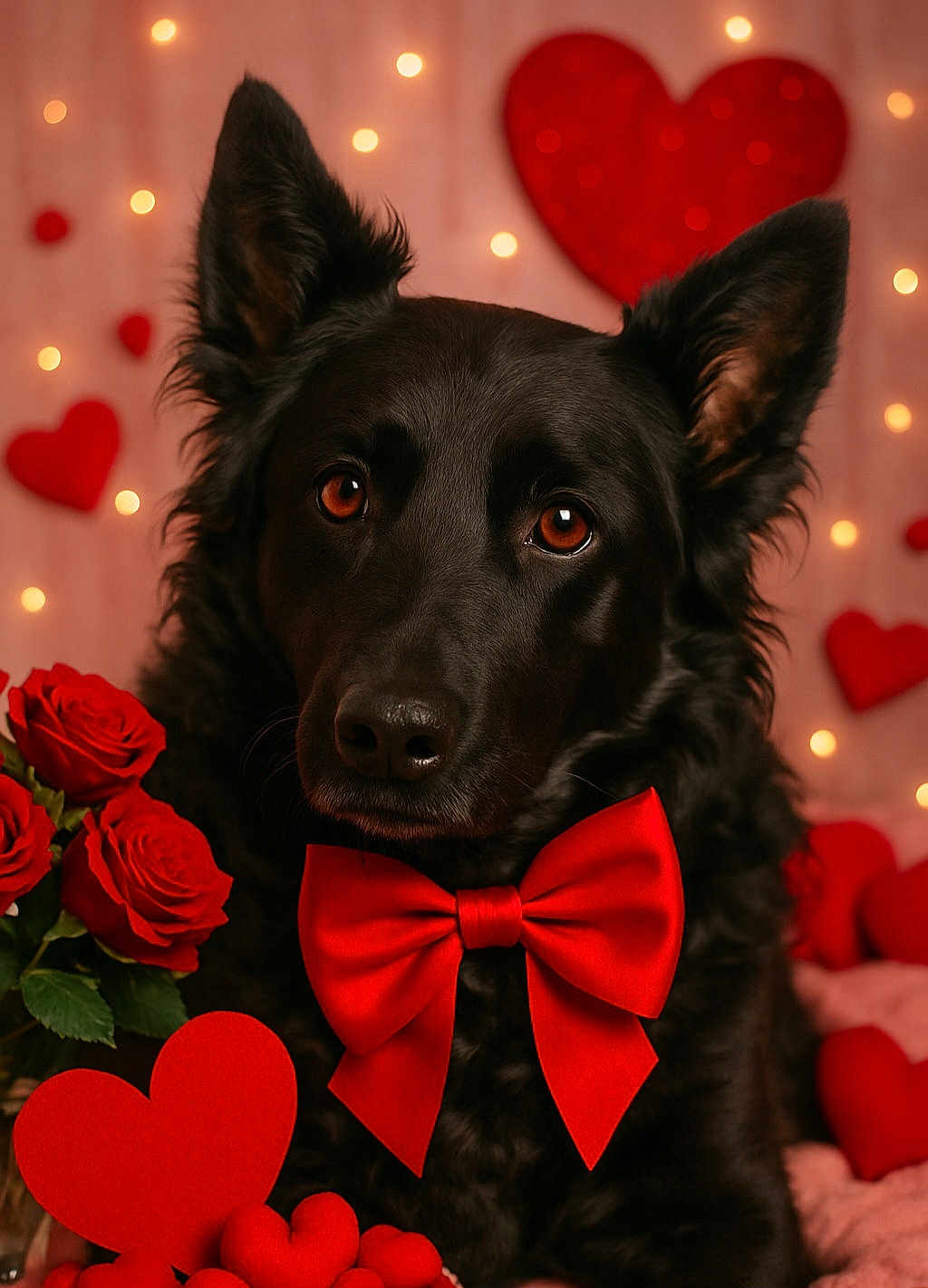 Mila a rejoint le concours — aidez-le/la à gagner de superbes lots ! dog, black_dog, bow_tie, red_bow_tie, roses, red_roses, hearts, red_hearts, valentines_day, romantic, pet, animal, portrait, cute, furry, ears, brown_eyes, soft_lighting, decorations, love