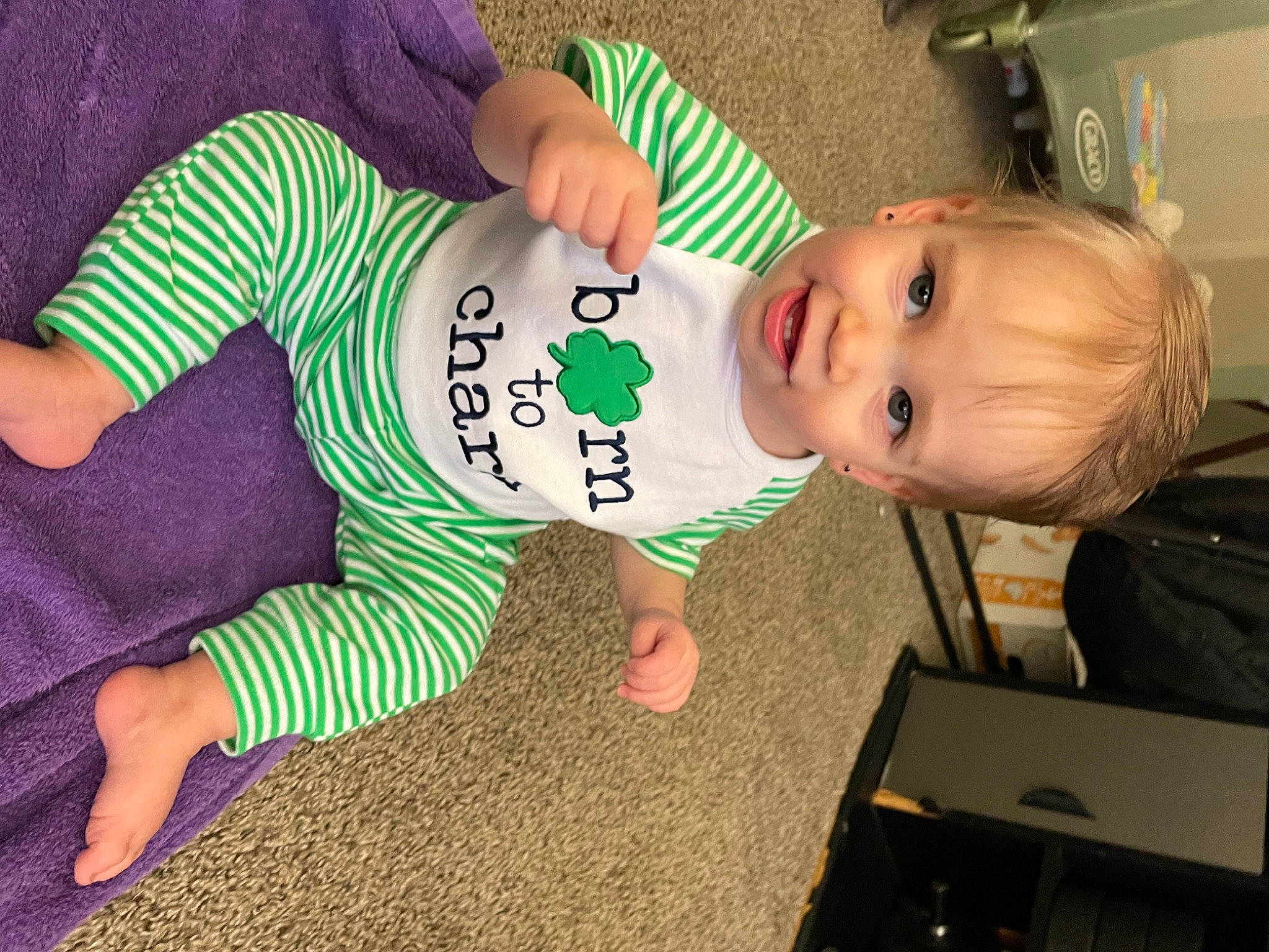 Haylie is registered to the contest to win money with this photo: baby, baby_products, baby_toddler_clothing, child, elbow, flooring, fun, grass, knee, nightwear, pajamas, pattern, person, play, room, sitting, sleeve, sock, t_shirt, toddler