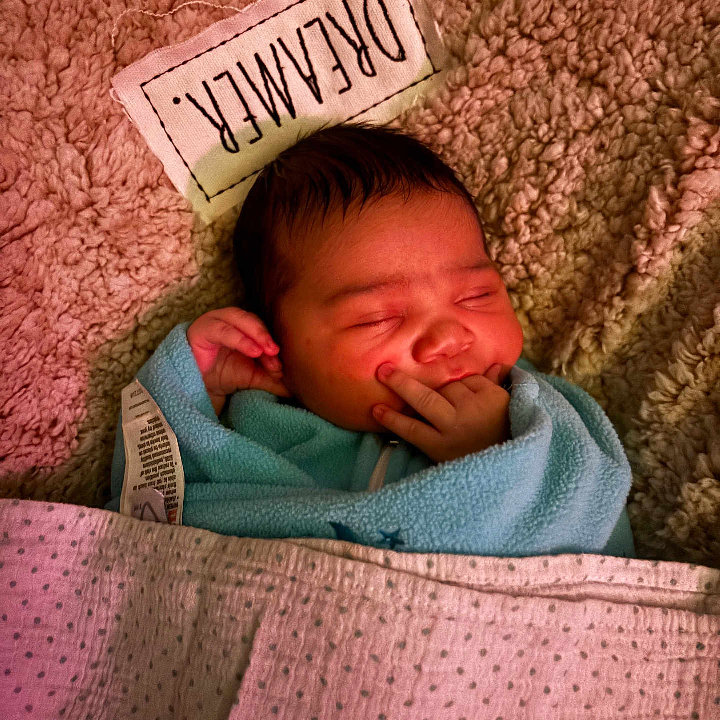 Lilly is registered to the contest to win money with this photo: newborn, baby, infant, sleeping, smiling, face, portrait, blanket, swaddled, blue_blanket, pink_blanket, cozy, bed, textile, fabric_sign, indoor, close_up, cute, peaceful, hands