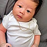 Daren joined the competition — help win amazing prizes! baby, infant, child, white_onesie, gold_chain, spiky_hair, cute, portrait, lying_down, soft_surface, skin, hand, face, expression, newborn, adorable, young, indoors, person, closeup