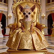 Margarita Olive is registered to the contest to win money with this photo: dog, chihuahua, throne, golden_gown, tiara, palace, regal, royalty, portrait, luxury, gold, ornate, statues, columns, dress, small_dog, fancy, costume, interior, pet