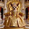 dog, chihuahua, throne, golden_gown, tiara, palace, regal, royalty, portrait, luxury, gold, ornate, statues, columns, dress, small_dog, fancy, costume, interior, pet