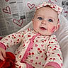 Love is registered to the contest to win money with this photo: baby, infant, child, heart_pattern, pajamas, headband, bow, rose, lipstick_kiss, face, blue_eyes, hand, newspaper_background, valentine, love, hearts, pink, red, cute, portrait
