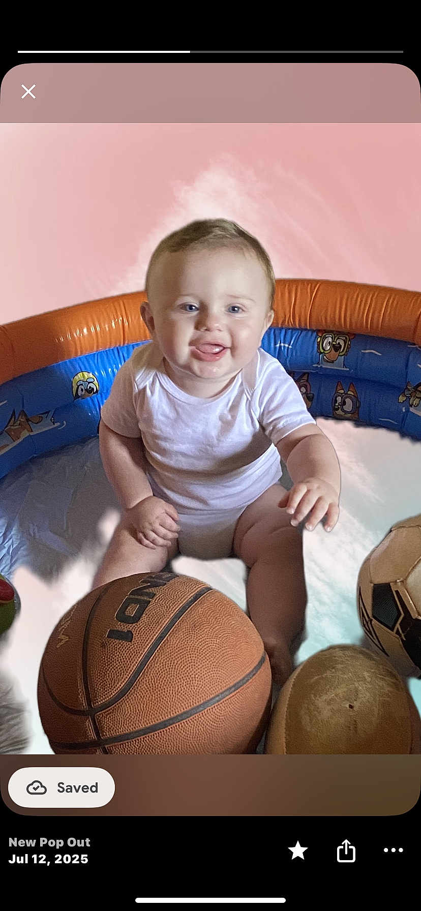 Carl joined the competition — help win amazing prizes! baby, infant, smiling, sitting, inflatable_pool, basketball, soccer_ball, toy, child, playtime, indoor, white_clothing, cute, happy, young_child, face, head, skin, fun, expression