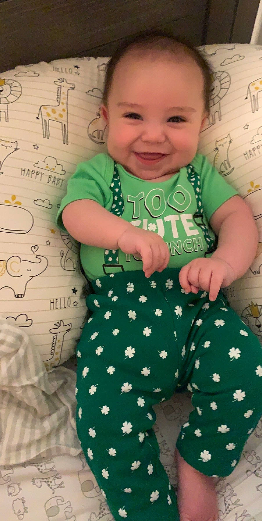 Jon is registered to the contest to win money with this photo: baby, baby_products, baby_toddler_clothing, child, design, green, joy, pattern, person, polka_dot, product, toddler