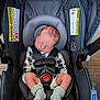 newborn, baby, car_seat, infant, sleeping, straps, clothing, socks, head_support, black, checkered, car_seat_warning_labels, baby_care, safety, indoor, child, seat, resting, tiny, peaceful