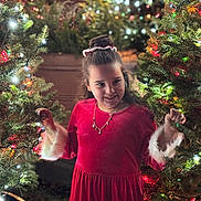 Takeila joined the competition — help win amazing prizes! child, girl, red_dress, christmas_tree, holiday_lights, festive, smiling, outdoor, night, decorations, celebration, happy, long_hair, necklace, holiday_season, evergreen, tree_lights, winter, joy, dress