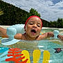 Issa participe au concours pour gagner de l'argent avec cette photo : toddler, child, pool, inflatable_ring, water, headband, outdoor, summer, happy, splashing, sky, clouds, greenery, swimming, sunlight, face, expression, water_droplets, playful, fun