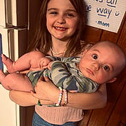Lincoln is registered to the contest to win money with this photo: arm, baby, big_eyes, bracelet, camouflage, candid, child, cozy, family, girl, handwritten_note, holding, indoor, necklace, onesie, portrait, refrigerator, sibling, smile, wood_panel