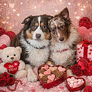 Presley And Cash is registered to the contest to win money with this photo: dog, valentines_day, heart_shaped_cookies, teddy_bear, roses, gift_box, red_ribbon, pink_background, fluffy_dog, cute, romantic, decorations, holiday, sweet, love, be_mine, pets, valentines_candy, heart_garland, cozy