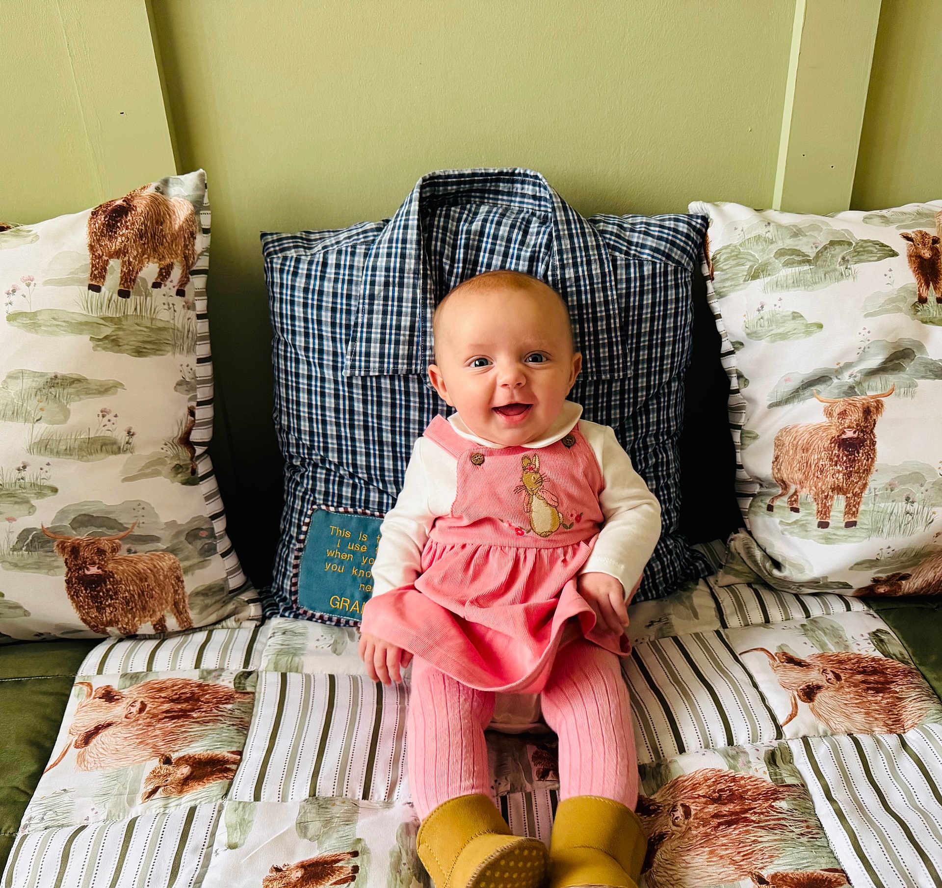 Emmylou joined the competition — help win amazing prizes! baby, child, smiling, pink_dress, yellow_boots, plaid_pillow, quilt, animal_print, cow, highland_cattle, cushion, indoor, happy, sitting, portrait, cute, cozy, fabric, pattern, home