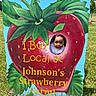 Brazille joined the competition — help win amazing prizes! baby, child, face, strawberry, sign, painted_sign, cutout, outdoor, grass, greenery, leaf, sunny, daylight, park, farm, playful, cute, portrait, person, local_farm