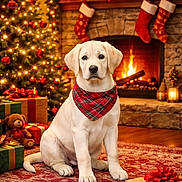 Nate is registered to the contest to win money with this photo: bandana, celebration, christmas_tree, cozy, dog, festive, fireplace, floor, gift_boxes, holiday_decor, indoor, labrador, lights, ornaments, presents, puppy, red_rug, stockings, teddy_bear, warm_lighting