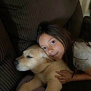 Buzzbee joined the competition — help win amazing prizes! girl, dog, golden_retriever, couch, hugging, indoor, child, pet, friendship, relaxing, comfort, smiling, brown_hair, long_hair, casual_clothing, cozy, resting, home, portrait, affection