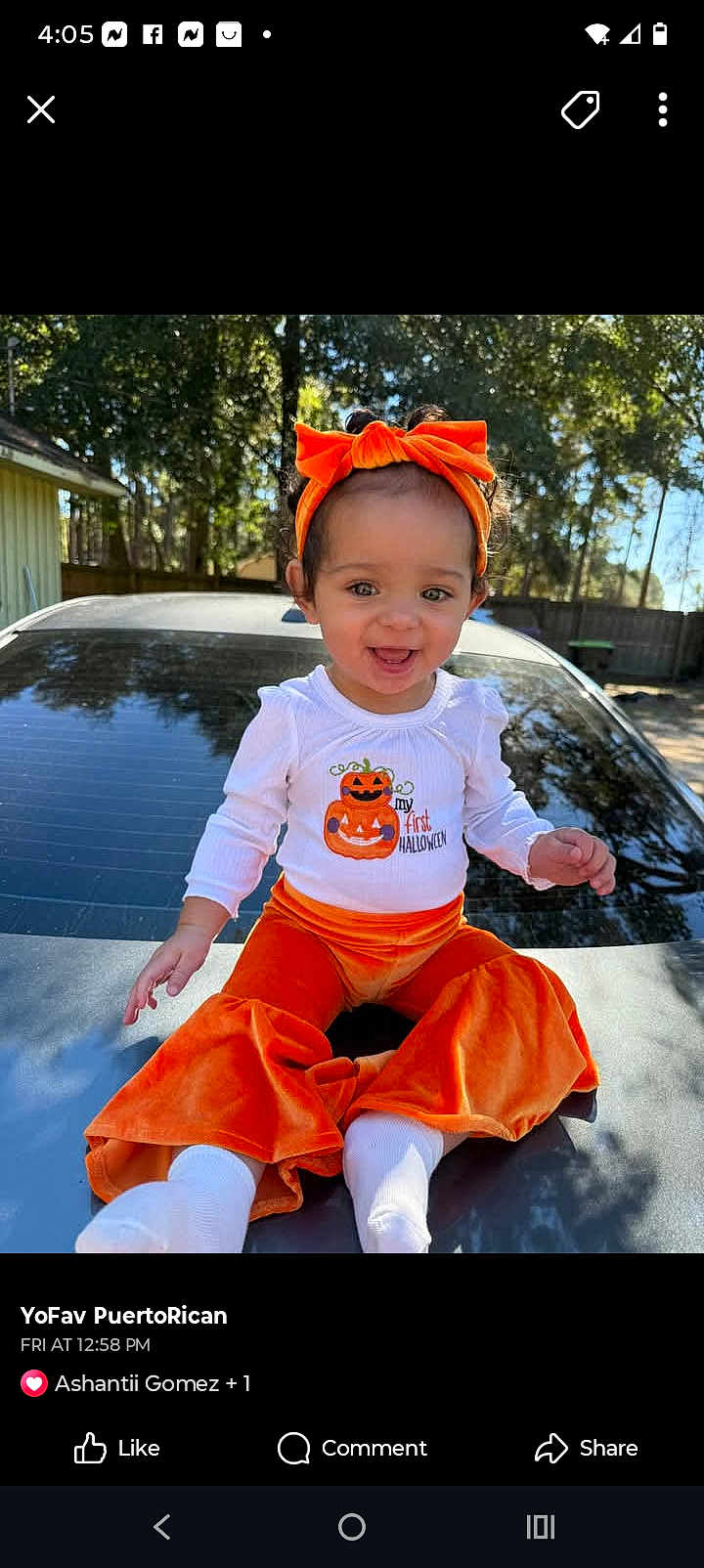 Ta'Leya joined the competition — help win amazing prizes! toddler, child, baby, orange_headband, orange_pants, white_shirt, halloween, pumpkin_design, outdoor, car, sunny, trees, smiling, sitting, happy, daylight, headband, pants, baby_clothes, portrait