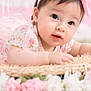 baby, child, infant, pink_bow, floral_dress, basket, flowers, cute, portrait, tummy_pose, soft_light, indoors, headband, curious, young_child, closeup, adorable, pastel_colors, skin, face
