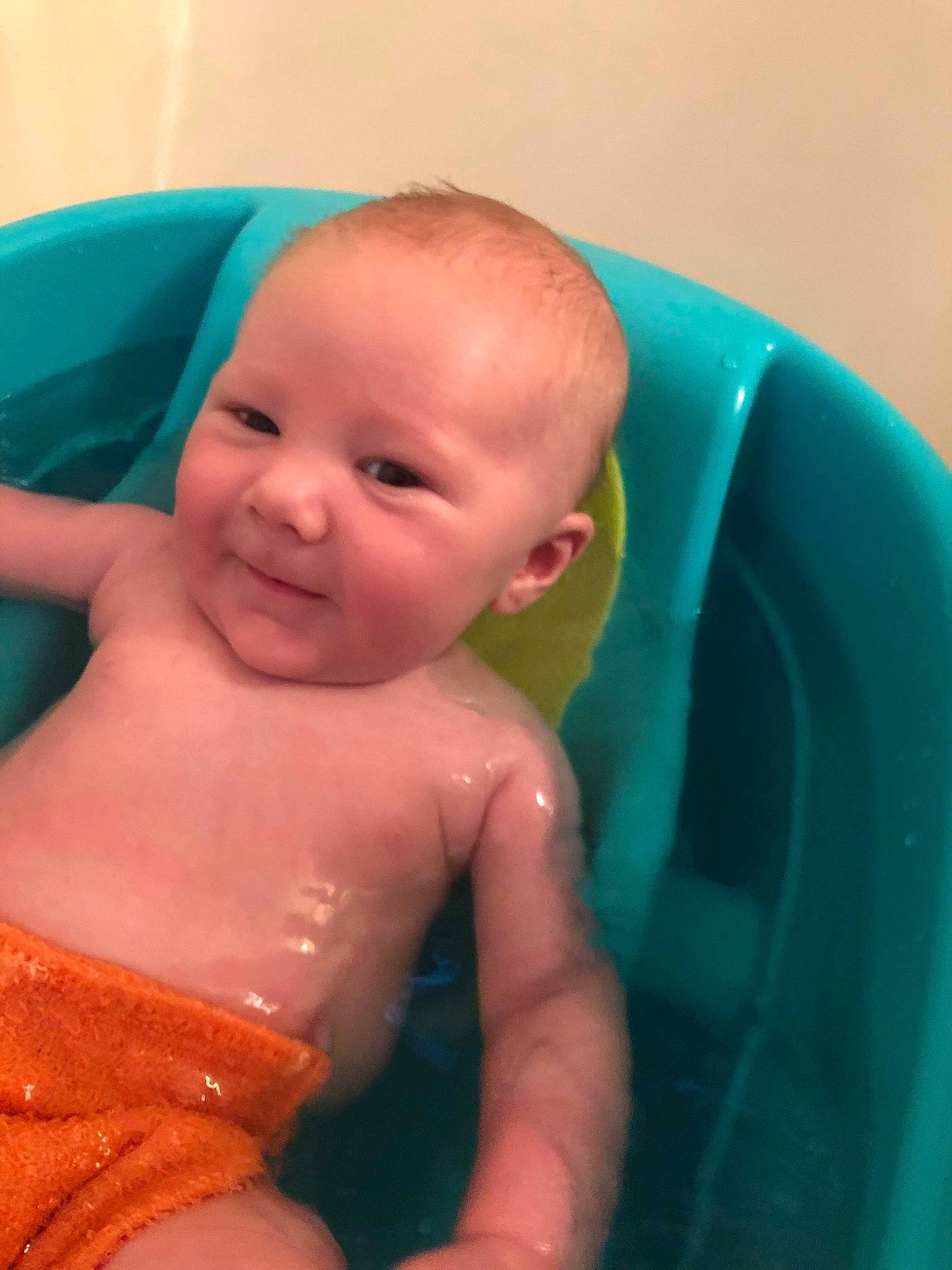 Greyson joined the competition — help win amazing prizes! baby, baby_bathing, bathing, bathtub, cheek, child, eye, face, fun, leisure, person, skin, smile, toddler, turquoise