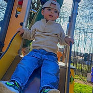 Ayaz participe au concours pour gagner de l'argent avec cette photo : candid, cap, casual_clothing, child, handrail, jeans, outdoors, park, play_equipment, playground, playtime, portrait, sitting, slide, sneakers, spring, surprised_expression, sweater, toddler, trees