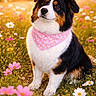 Voxy participe au concours pour gagner de l'argent avec cette photo : animal, bandana, cute, dog, field, flowers, fluffy, golden_hour, grass, meadow, nature, outdoor, pet, pink, portrait, sitting, spring, sunlight, sunset, tricolor