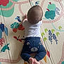 Léo participe au concours pour gagner de l'argent avec cette photo : baby, barefoot, bear_face, blue_pants, child, colorful, crawling, cute, exploration, floor, hands, head, indoors, infant, pattern, play_mat, small_feet, soft_lighting, top_view, white_shirt
