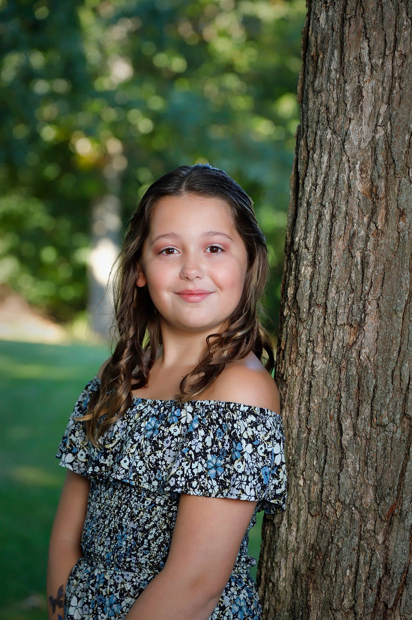 Khloe is registered to the contest to win money with this photo: day_dress, dress, electric_blue, face, flash_photography, formal_wear, fun, grass, happy, joy, leaf, long_hair, people_in_nature, person, plant, smile, thigh, tree, trunk, waist