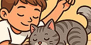 Mozart a rejoint le concours — aidez-le/la à gagner de superbes lots ! adorable, animal, boy, cartoon, cat, child, closed_eyes, companionship, content, cute, friendship, gray_tabby, happy, illustration, indoor, peaceful, pet, relaxing, simple_background, sleeping