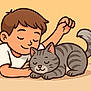 adorable, animal, boy, cartoon, cat, child, closed_eyes, companionship, content, cute, friendship, gray_tabby, happy, illustration, indoor, peaceful, pet, relaxing, simple_background, sleeping